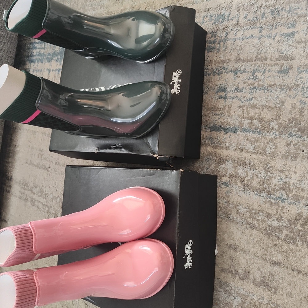 Coach Pink and Dark Green Women's Rain Boots